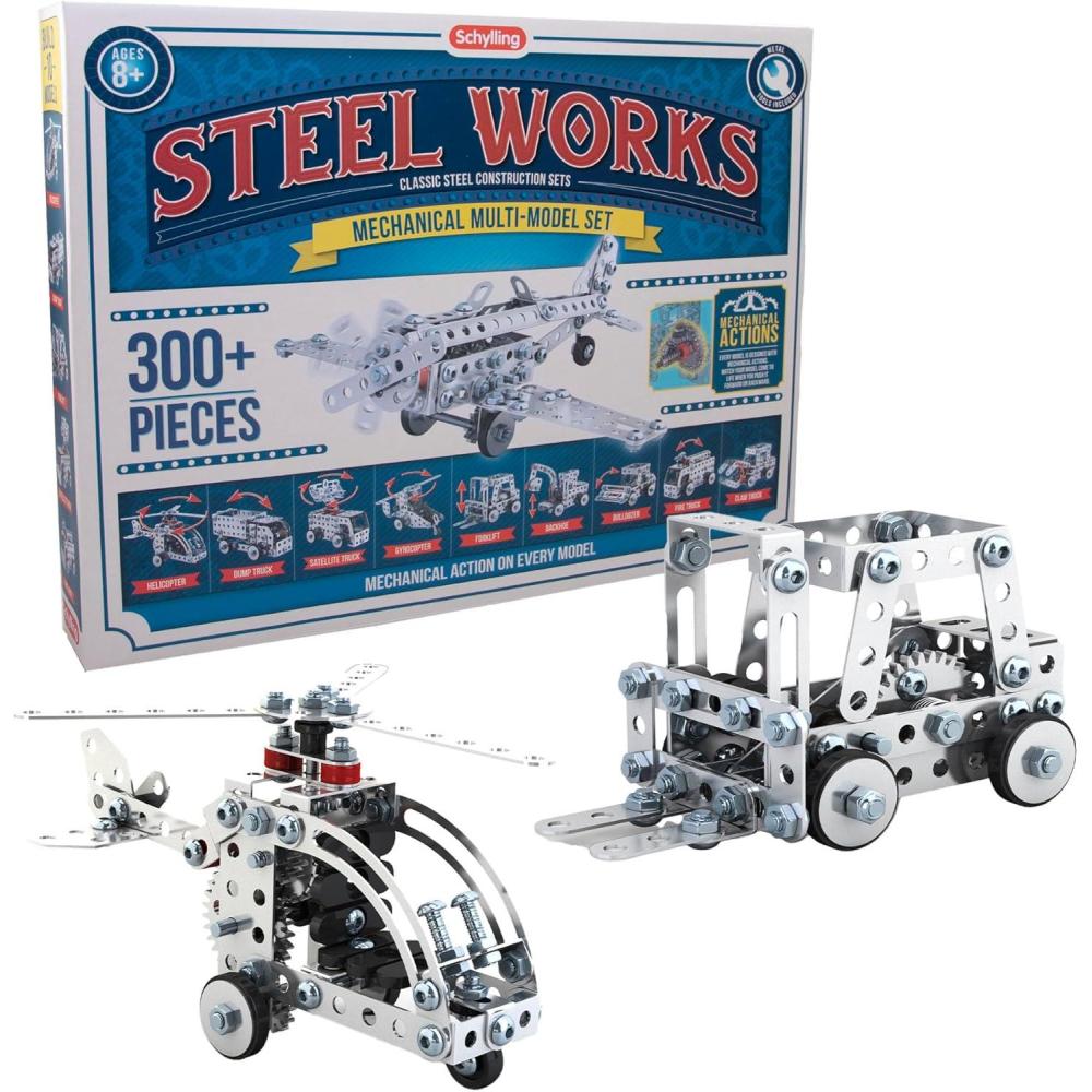 Schylling Steel Works Mechanical Multi-Model – Steel Building Set – Includes 300 Pieces, Tools, and Instructions to Make 10 Different Models – Ages 8 and Up(300 Piece)