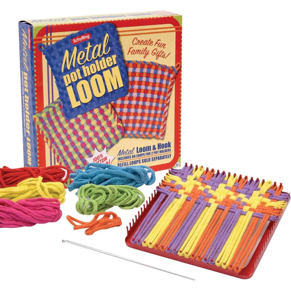 Schylling Metal Pot Holder Loom Kit – Classic Durable Weaving Frame to Make Pot Holders – Includes Loom, Hook, Instructions, and 80 Colorful Cotton Loops – Ages 5 and Up