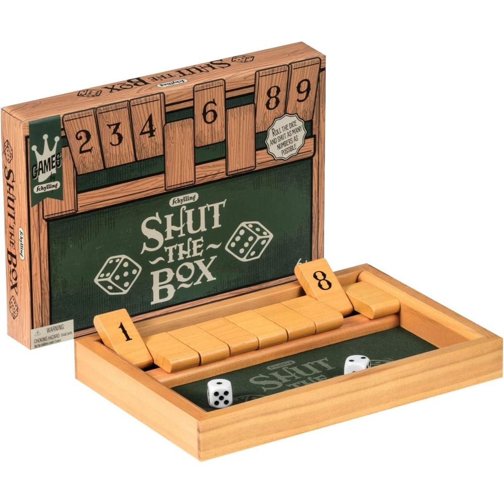 Schylling Shut the Box – Family Game of Strategy and Chance – Includes Collectible Wooden Game Box, Felt Bottom, Rounded Dice, and Detailed Instructions – Ages 6 and Up